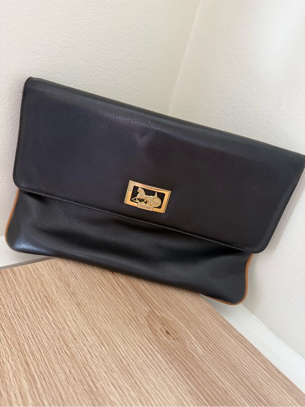 Vintage Celine Black Leather Fold-Over Clutch with Gold Hardware